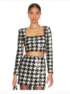 ASTR the Label Darby Black + White Sequin Houndstooth Top and Miniskirt Set